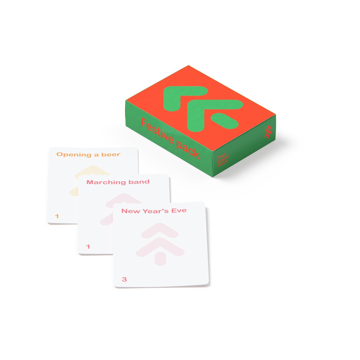 A box labeled 'Festive Pack' with cards featuring icons for beer, a marching band, and New Year's Eve.