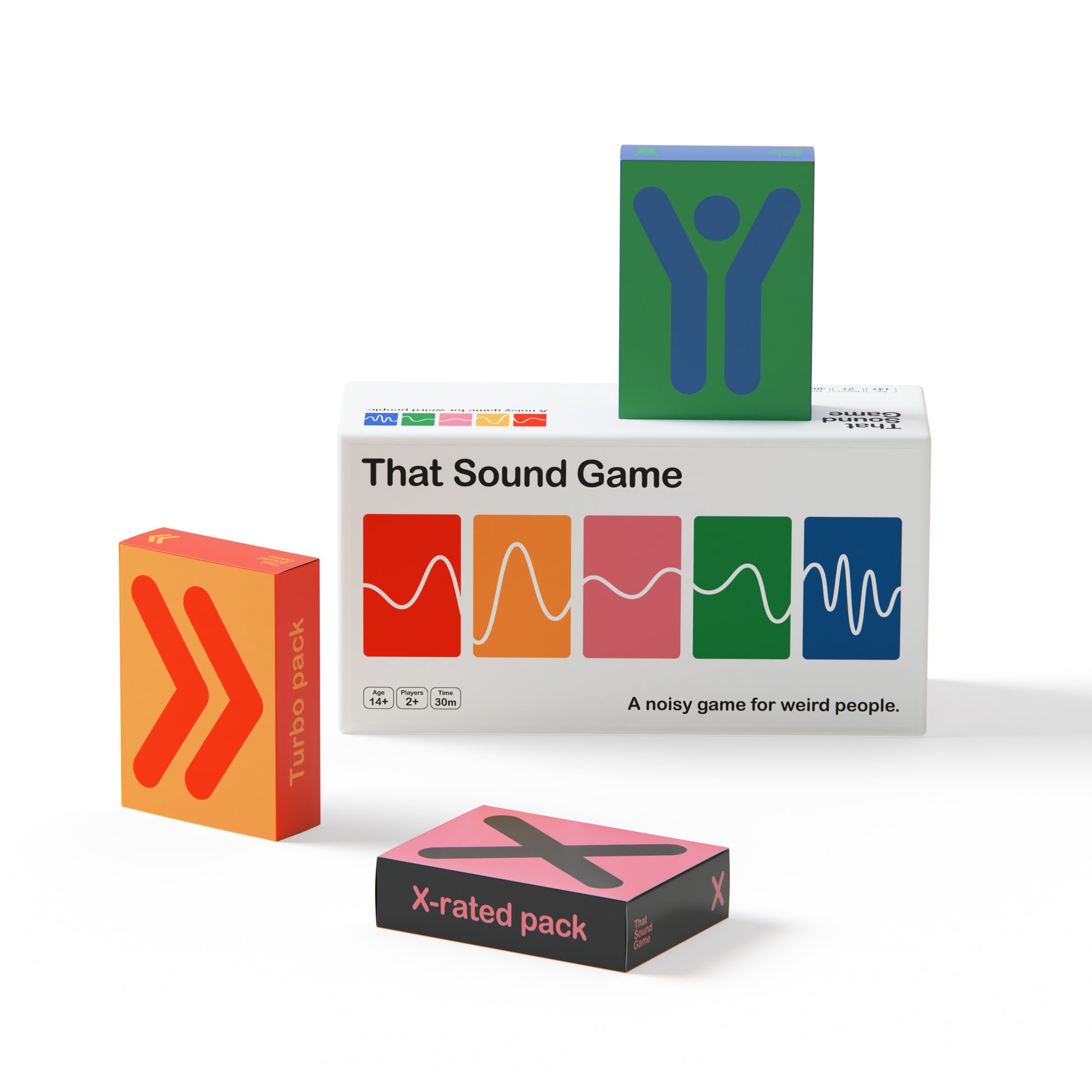Three colourful game boxes with titles "That Sound Game," "Turbo Pack," and "X-rated pack.". Accompanied by Uncuffed box on top of main box