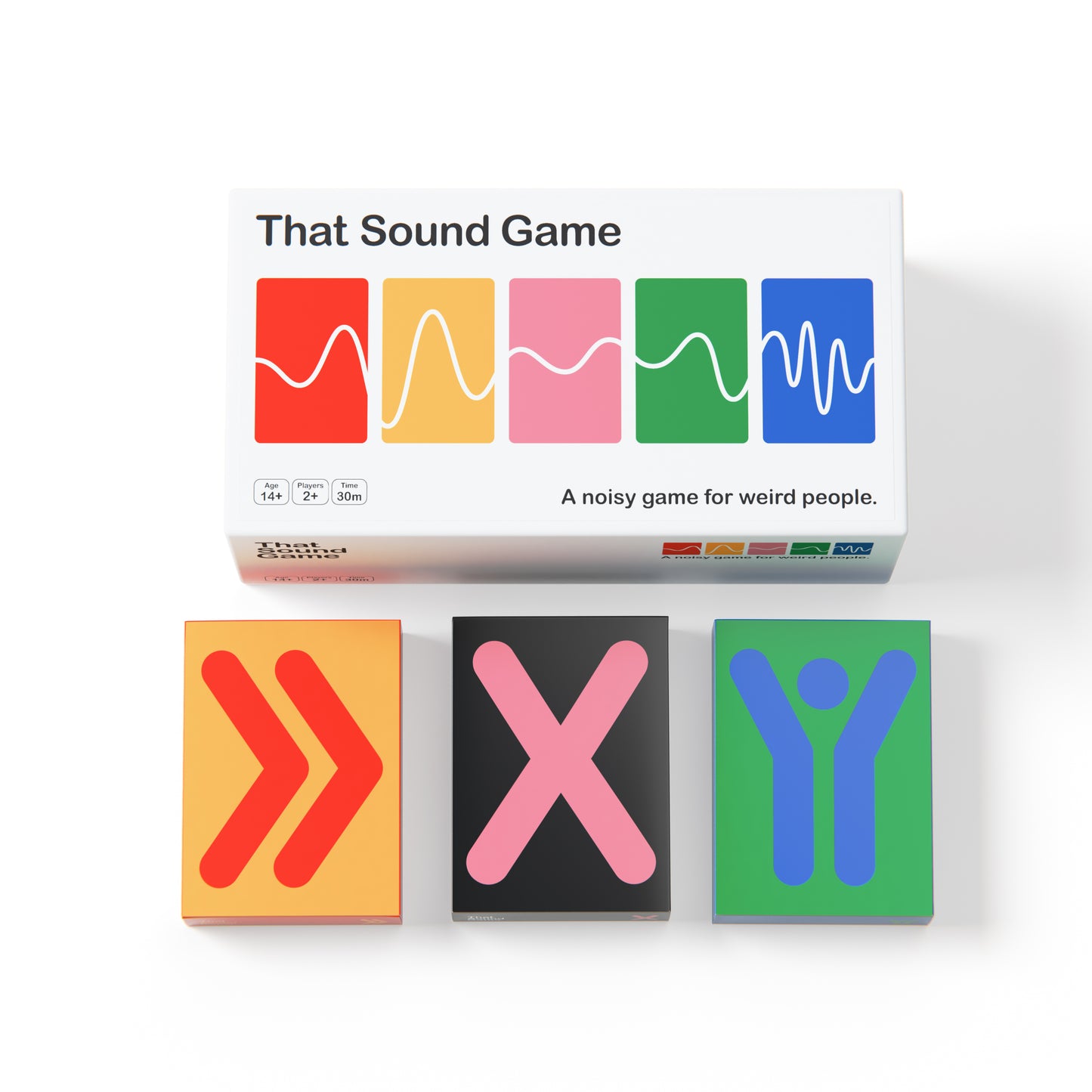 A board game titled "That Sound Game" with colourful cards featuring abstract shapes.