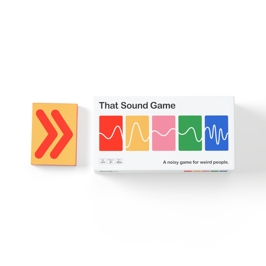 Board game "That Sound Game" box with colourful waveforms and cards with Turbo shapes.