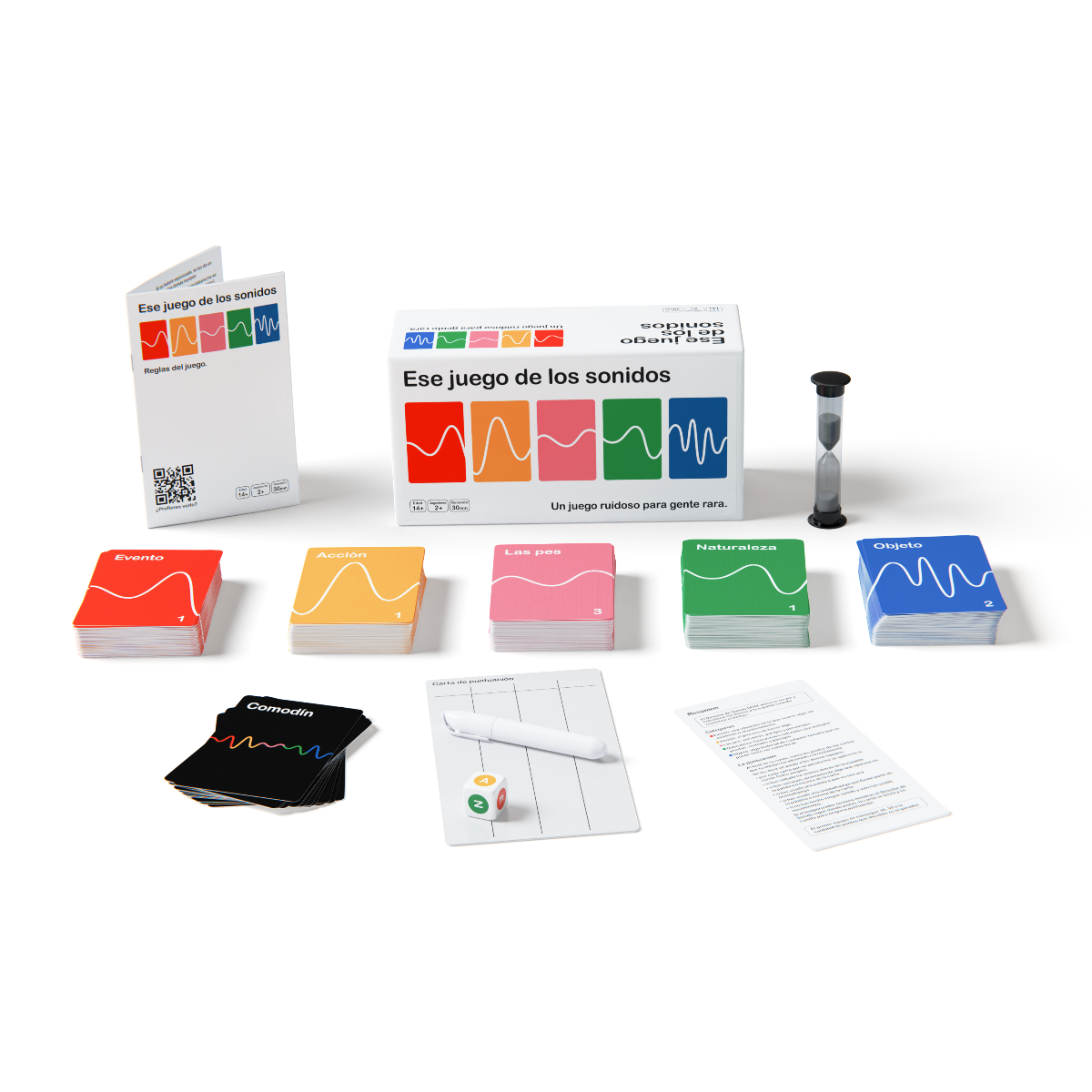 That Sound Game components in Spanish including cards, a timer, and printed materials on a white background