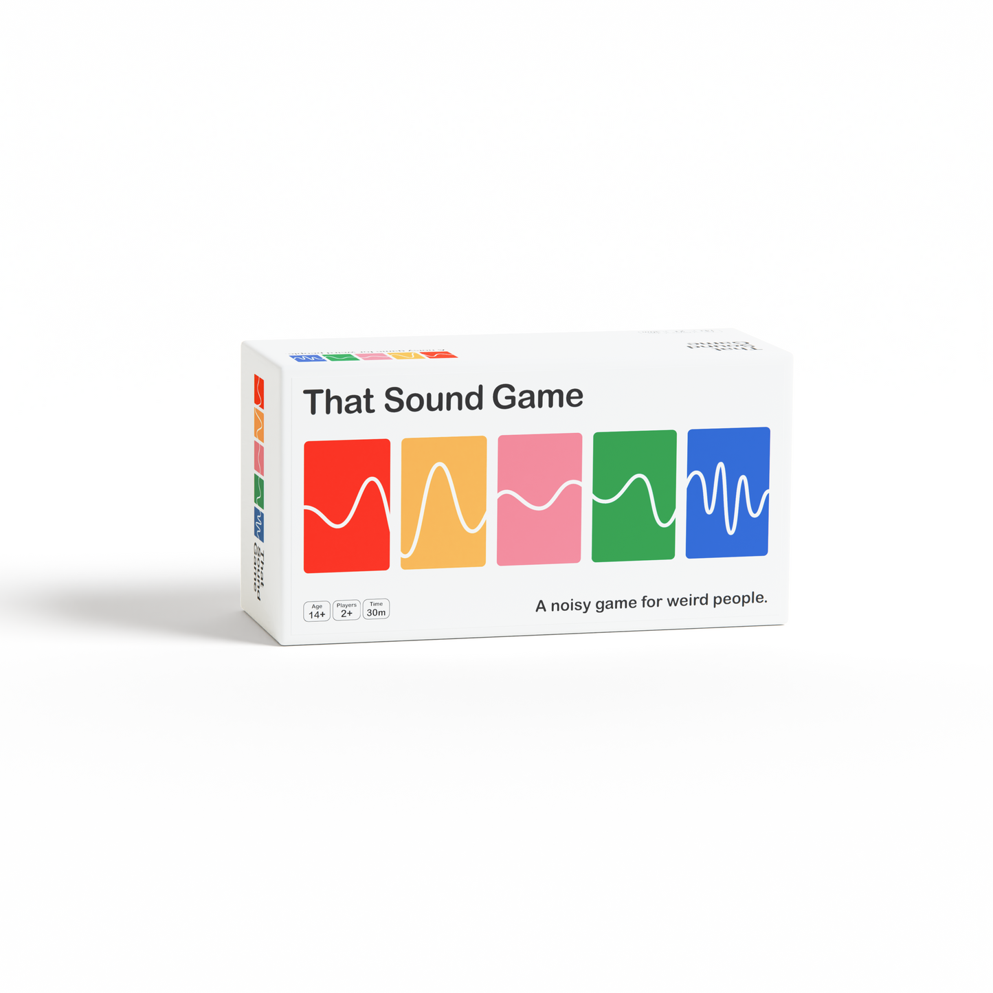 Boxed board game titled "That Sound Game" with colourful waveforms on white background.