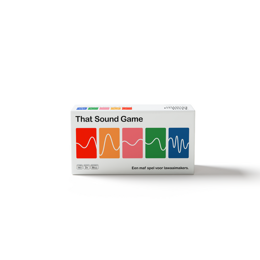 Box of 'That Sound Game' in Dutch with colorful wave graphics on a white background