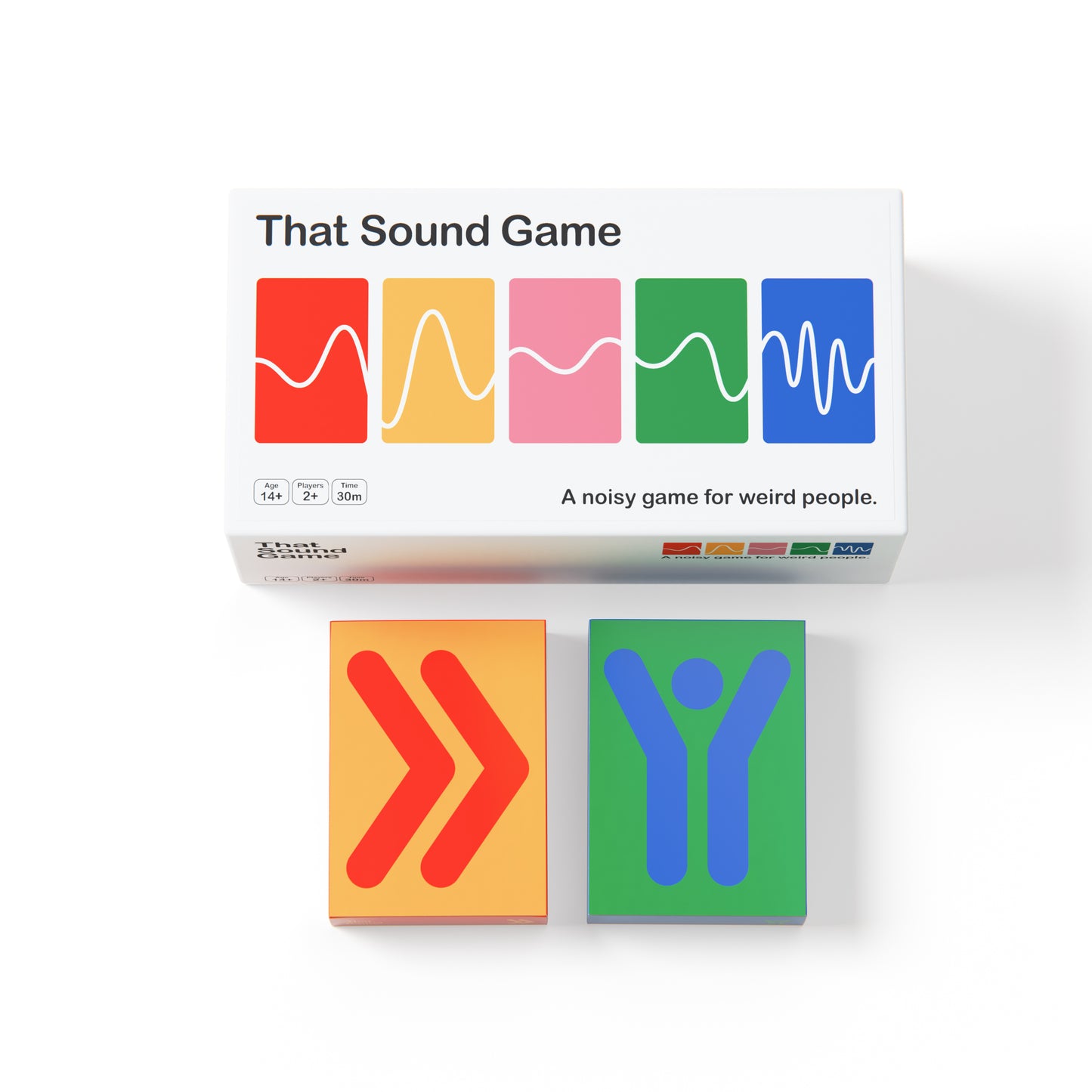 Board game "That Sound Game" box with colourful waveforms and cards with Turbo and Uncuffed shapes.