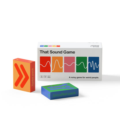 Boxed board game "That Sound Game" with colourful sound wave patterns, alongside additional game packs of Turbo and Uncuffed. 