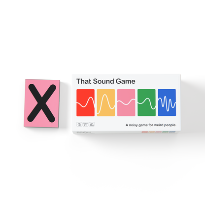 Board game box titled "That Sound Game" with colourful waveforms on the cover, accompanied by a pink box with a large black 'X' on a white background. 