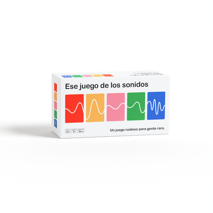 That Sound Game is now available in Spanish. Caja colorida de juego de mesa con patrones de ondas sonoras y texto en español.