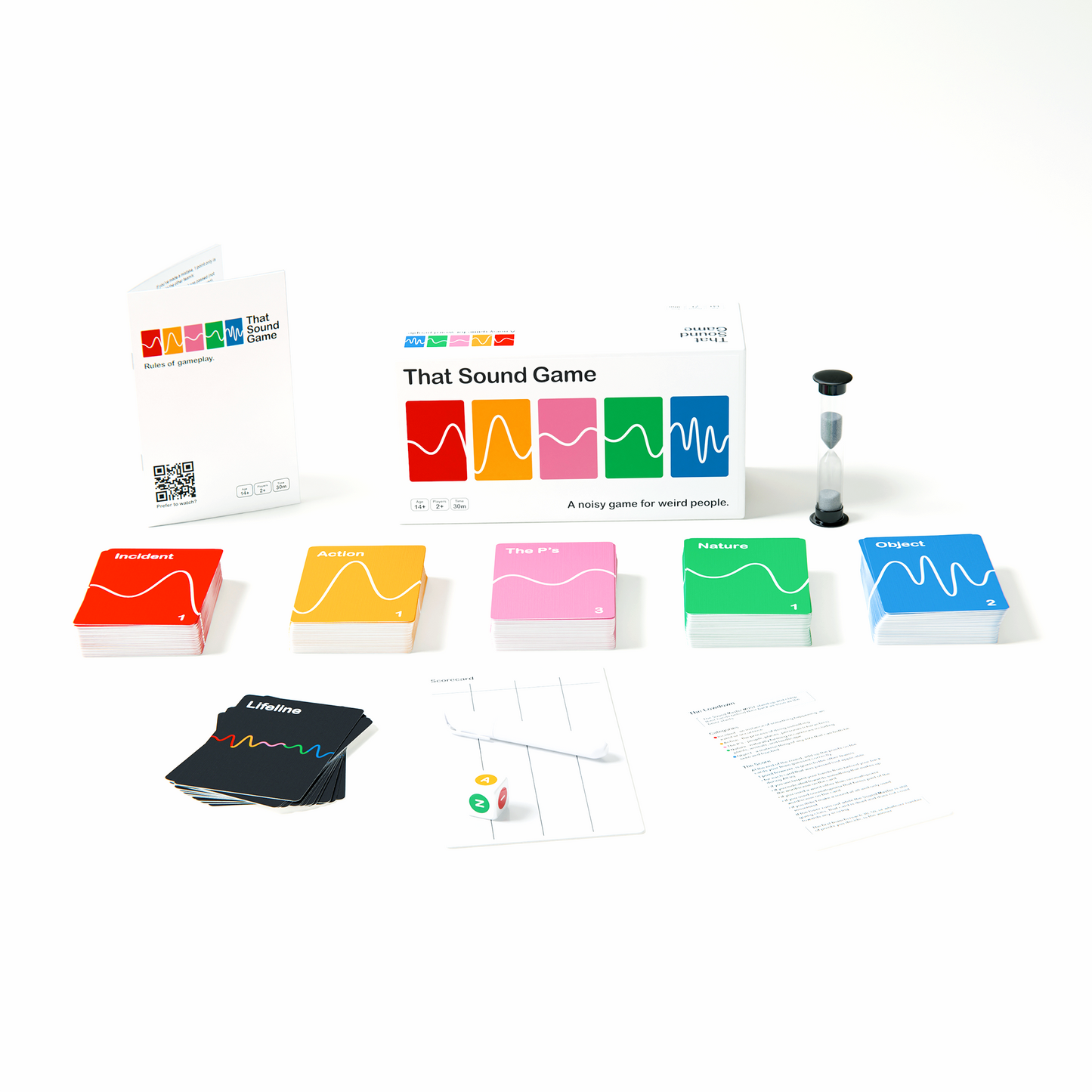 Board game "That Sound Game" with cards, timer, and instructions on a white background.