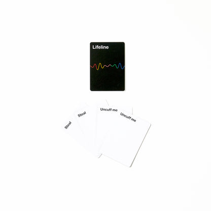 A "Lifeline" card surrounded by white cards with text "Steal" and "Uncuff me" on a white background.